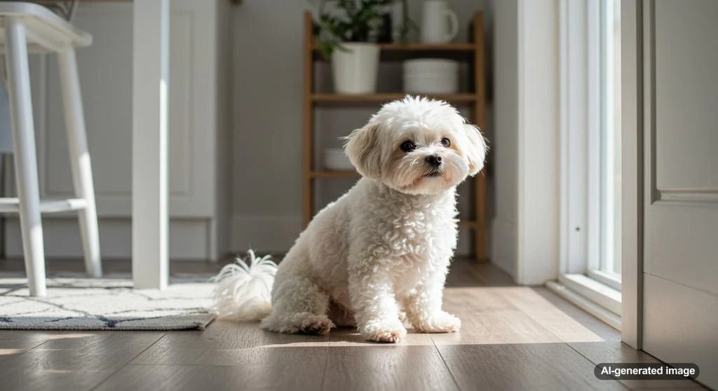 Curious dog following owner to the bathroom