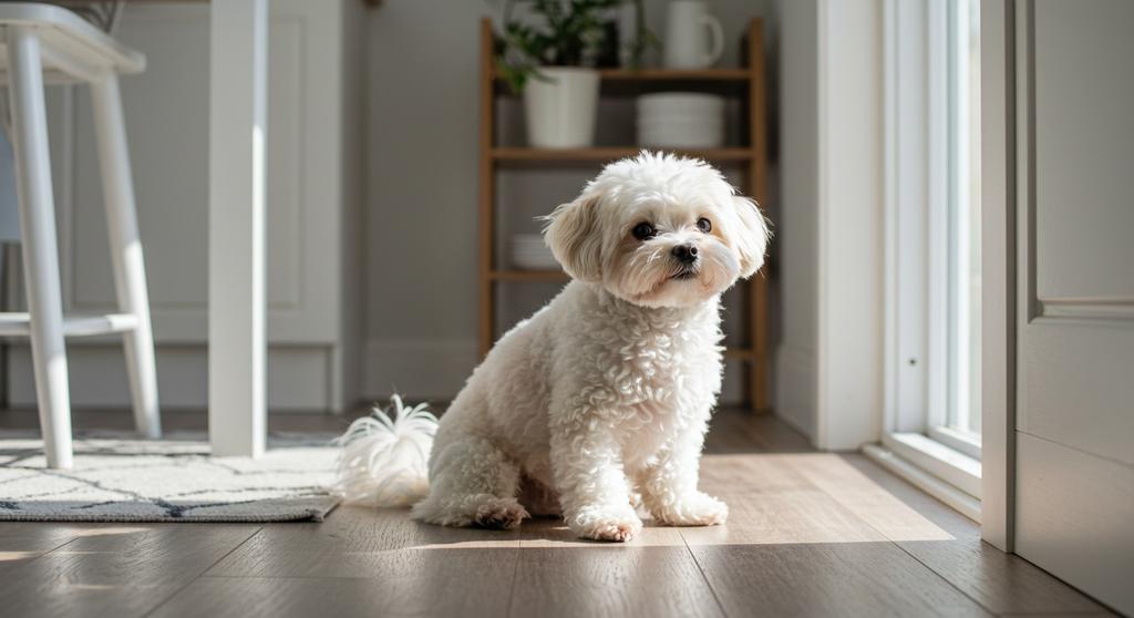 Curious dog following owner to the bathroom