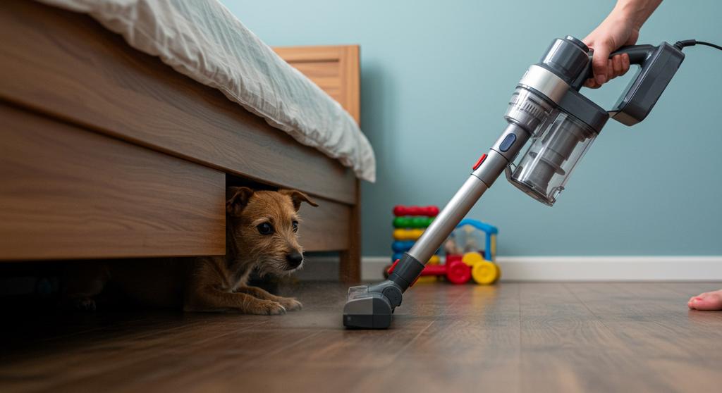 A dog reacting fearfully to a vacuum cleaner