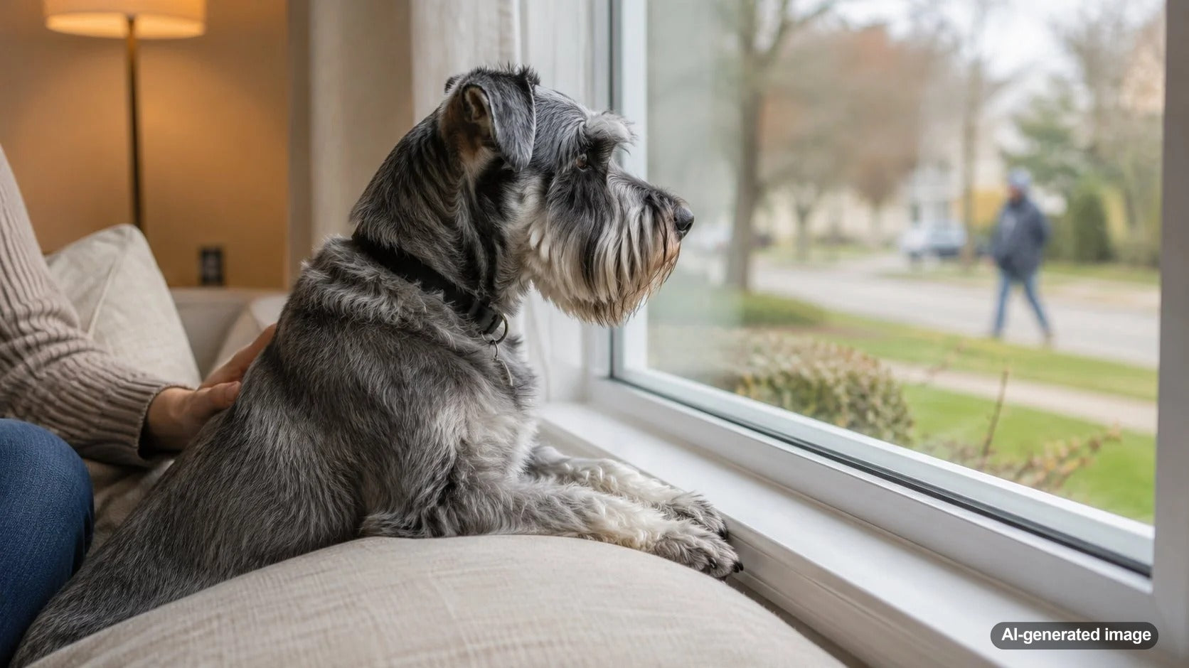 Dog calmly watching people pass by through a bright home window