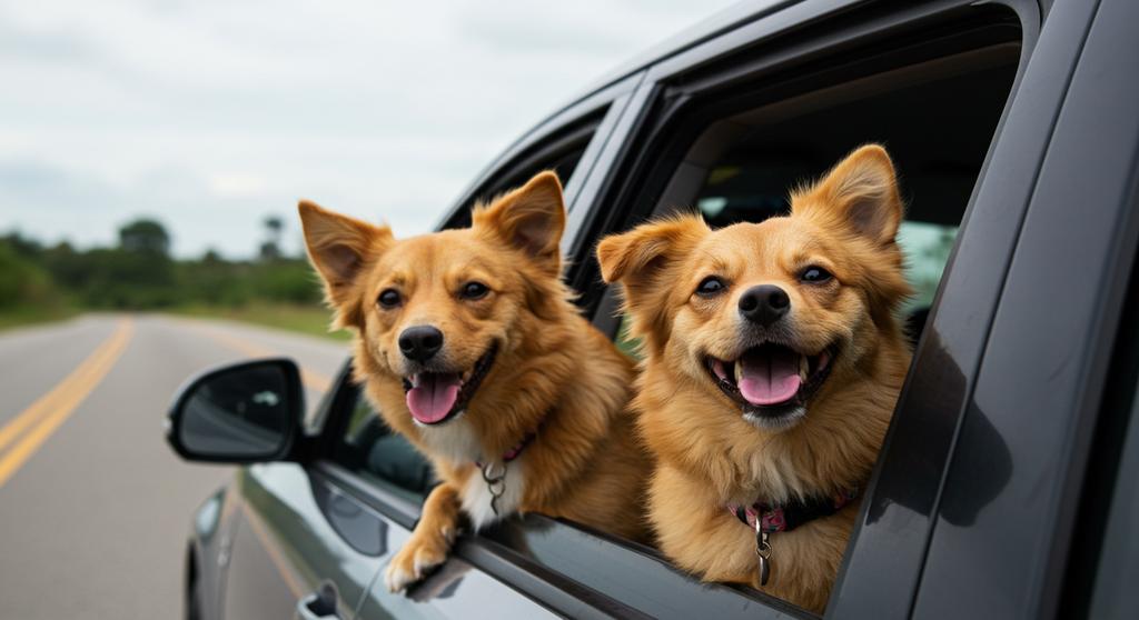 Dog joyfully sticking its head out of a car window during a drive