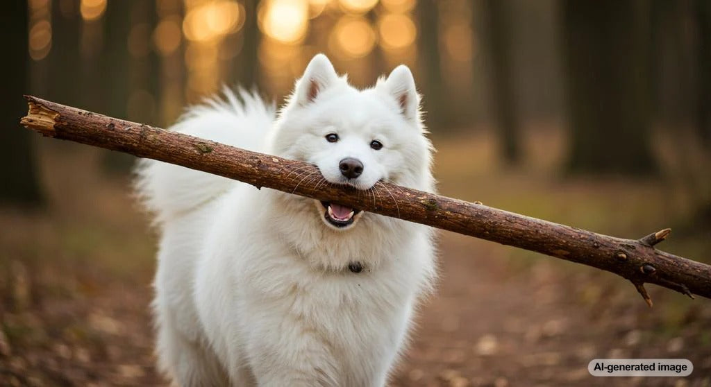 A dog happily carrying a stick outside