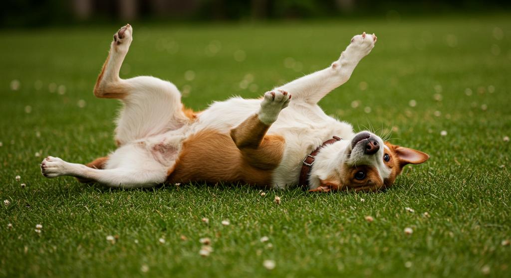 Happy dog rolling in lush green grass on a sunny day