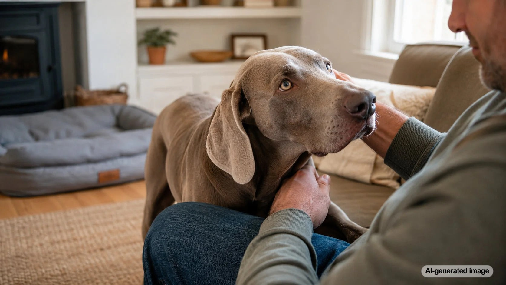 A happy dog bonding with a favorite person at home during a calm daily routine
