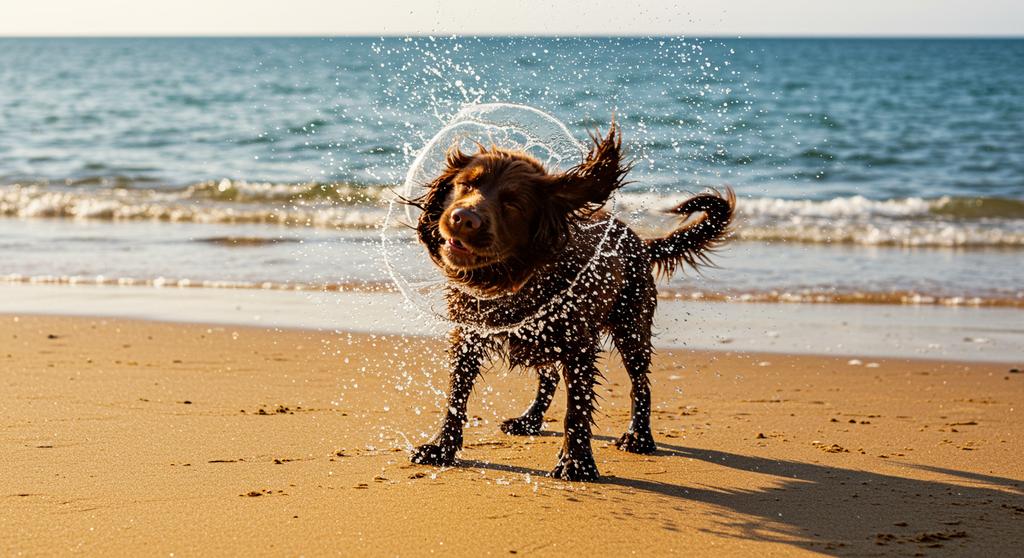 A dog shaking off water after a bath, looking happy and refreshed.