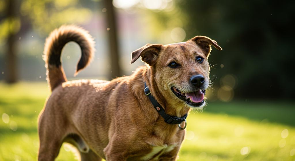 Happy dog spinning in circles with tail wagging