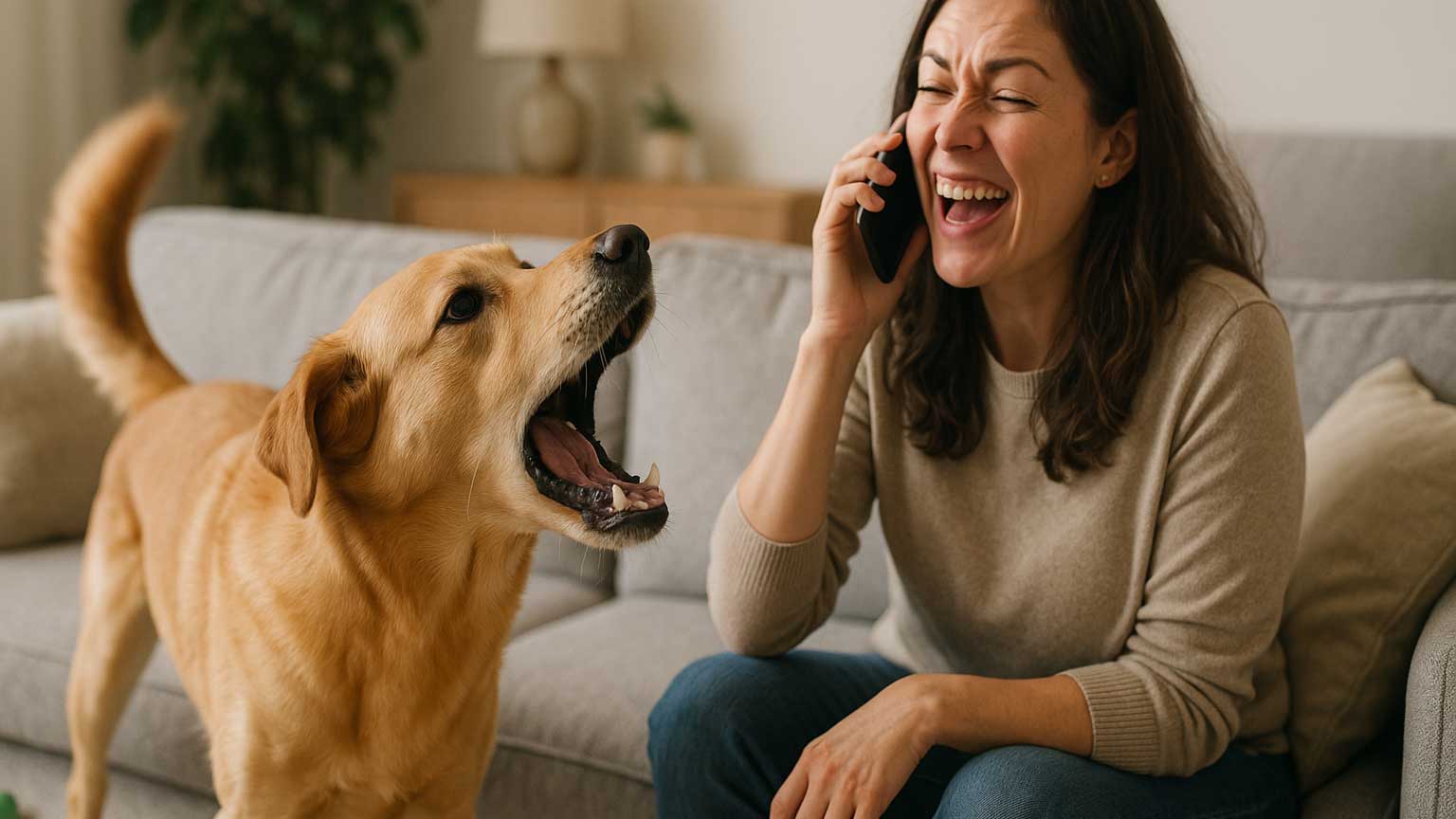 Dog barking at owner on phone call