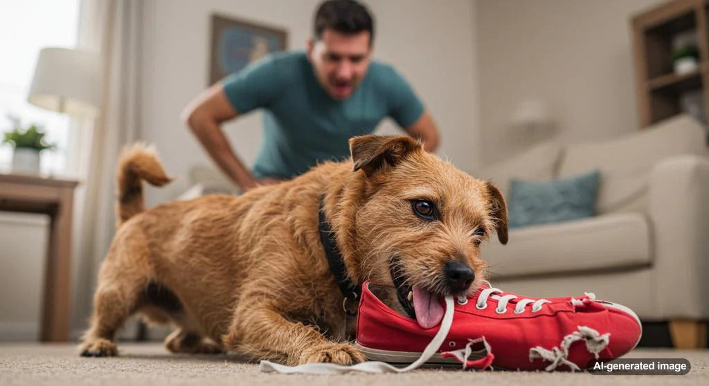 Dog chewing on a shoe that belongs to its owner