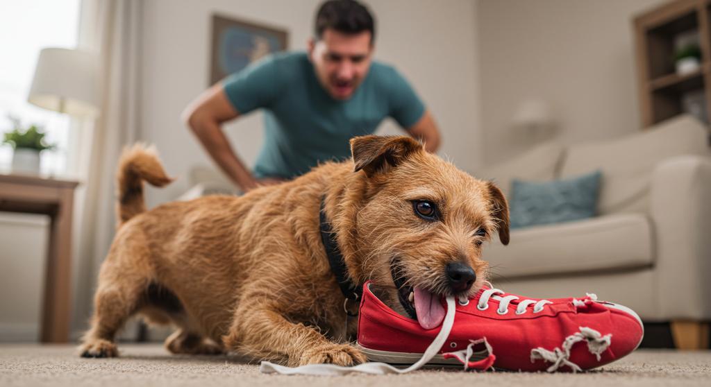 Dog chewing on a shoe that belongs to its owner