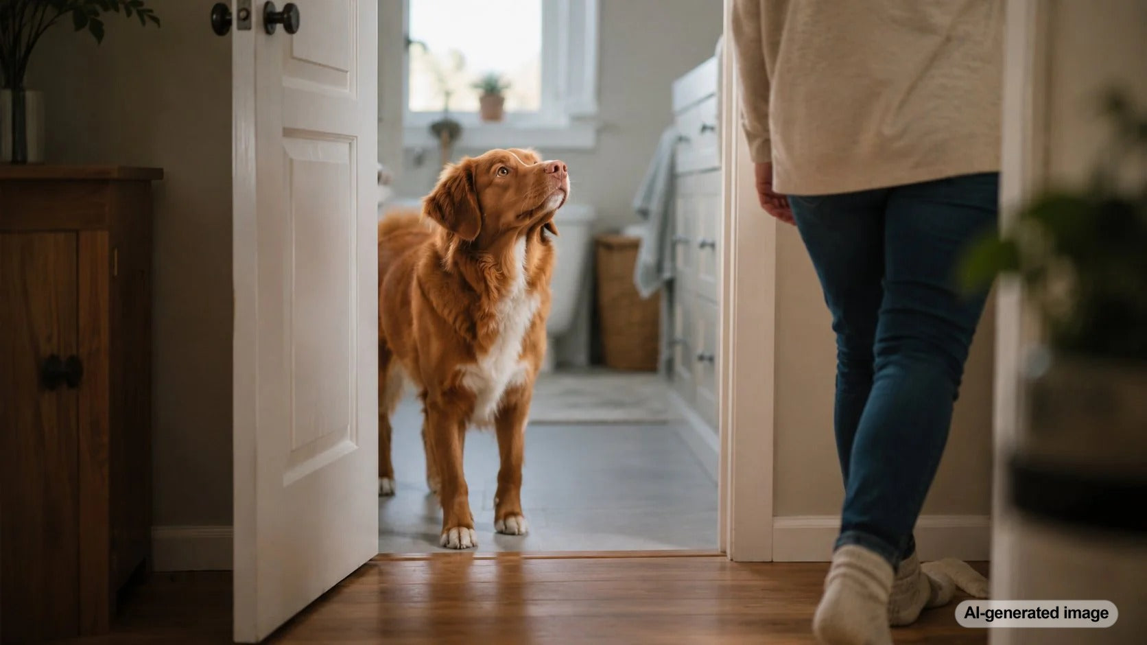 Happy dog following their owner from room to room at home