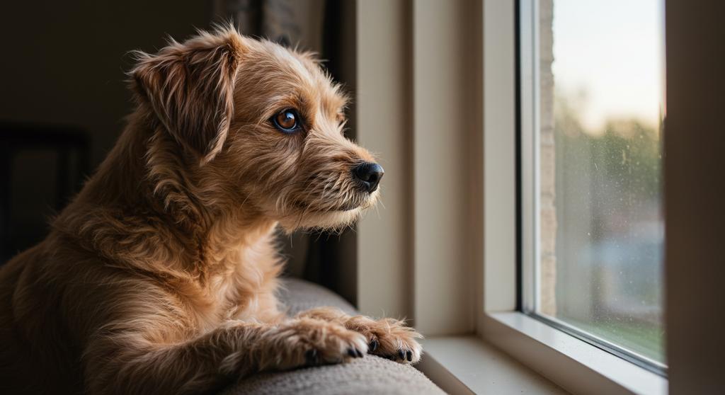 Dog sitting by the window looking outside