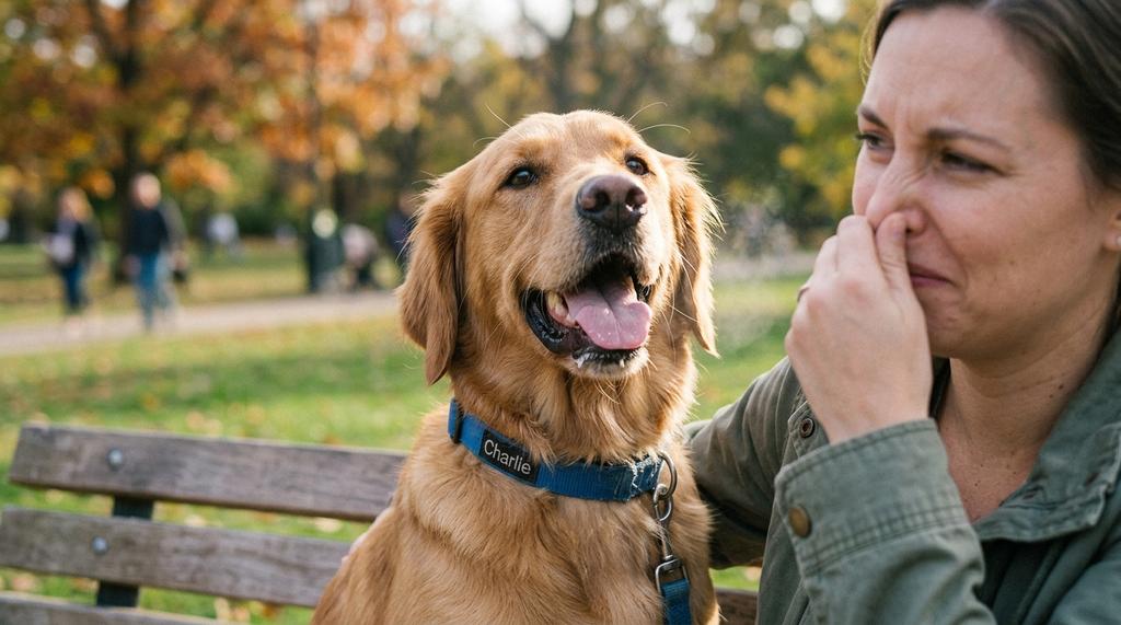 Happy dog with fresh breath enjoying Woof dental enrichment products