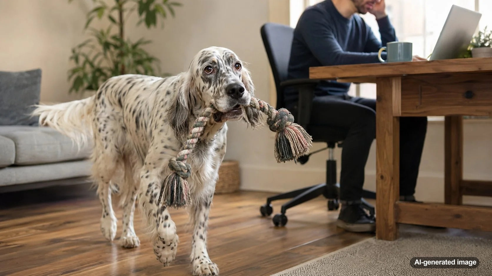 Dog bringing a favorite toy to a busy owner for attention and play