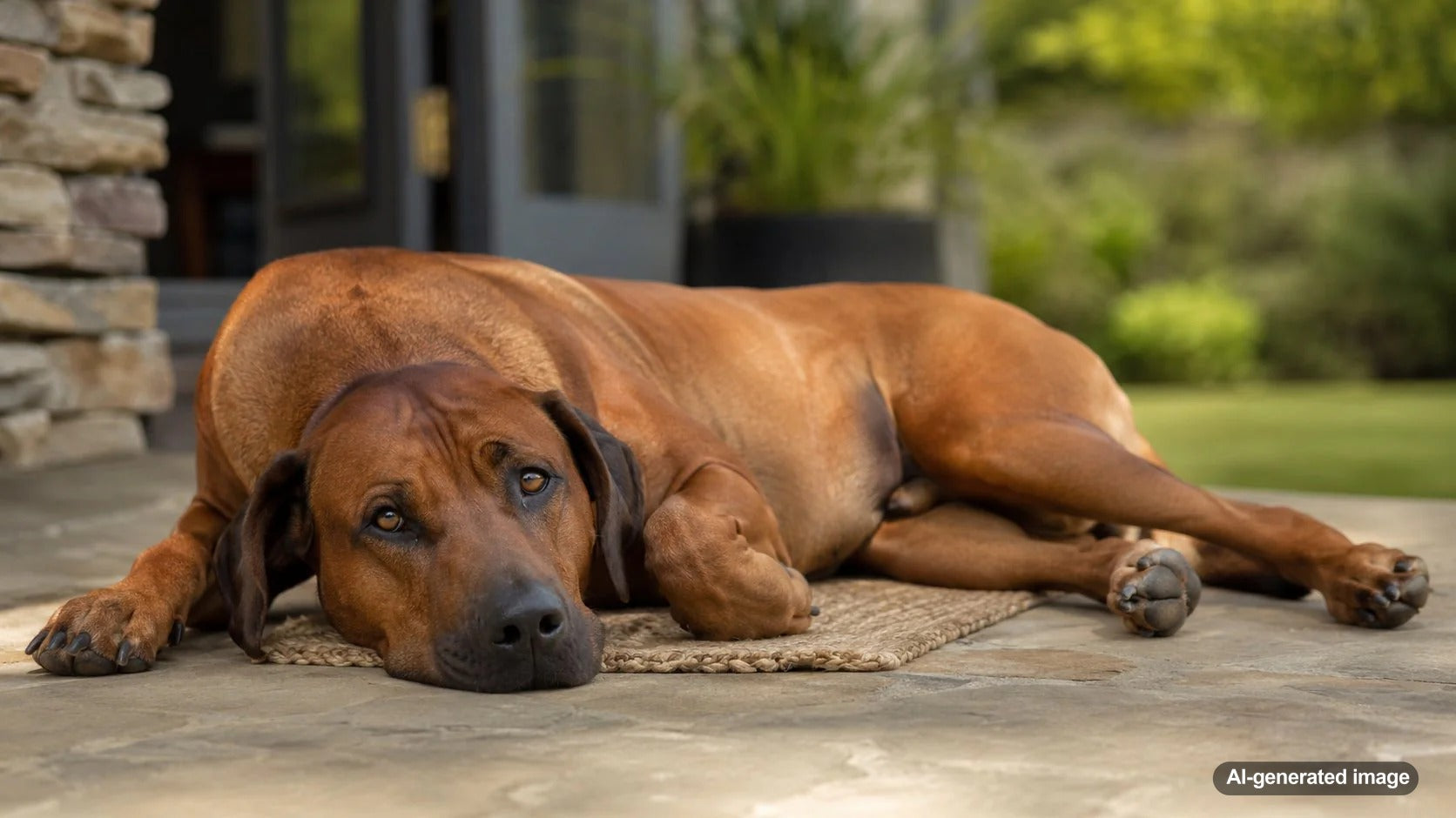 A relaxed dog curled up for a cozy nap on a small rug inside a warm home
