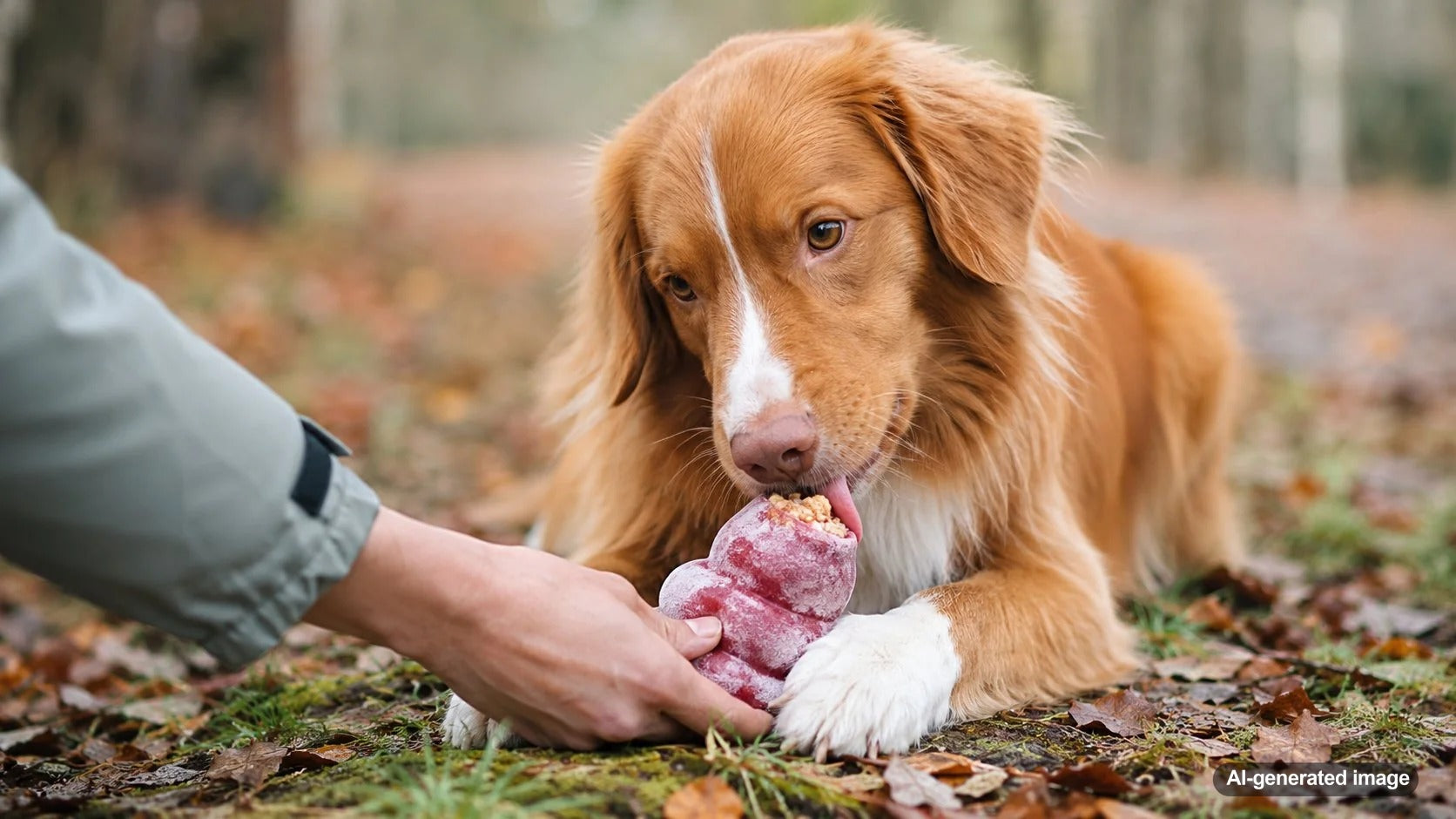 Dog enjoying a frozen enrichment treat indoors during cool weather