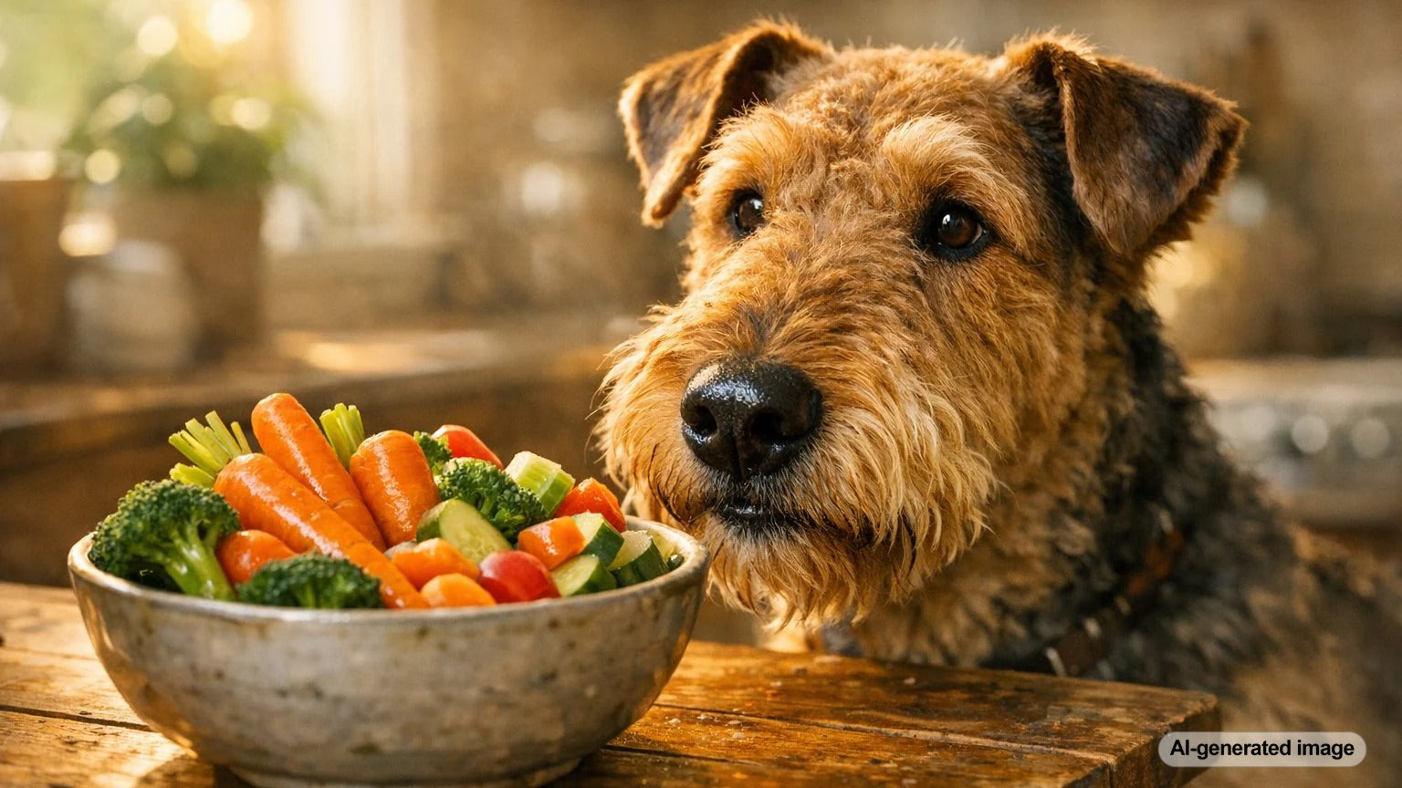 Happy dog enjoying carrots and crunchy vegetables as a healthy snack