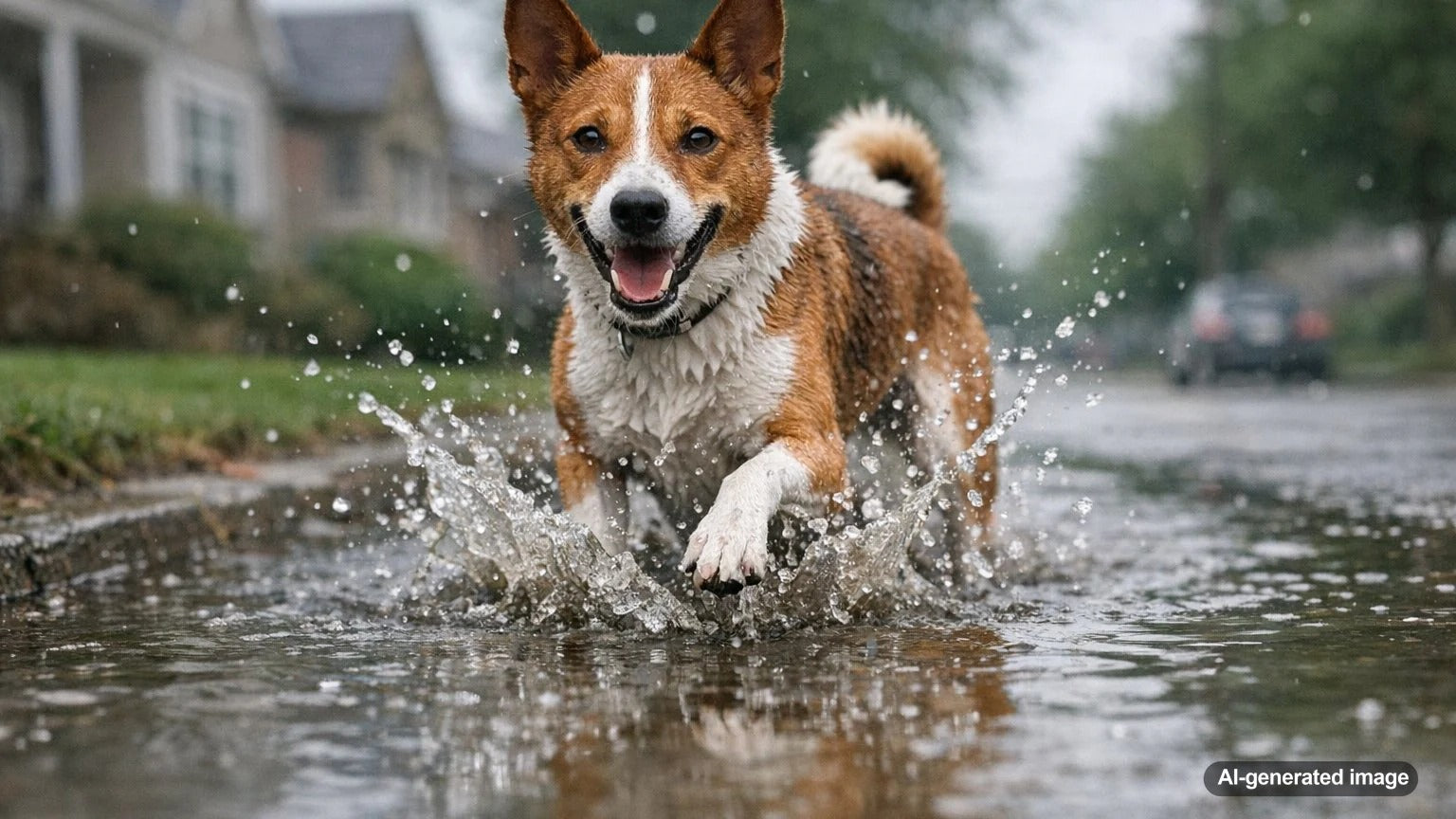 Happy dog splashing through a rain puddle on a neighborhood street