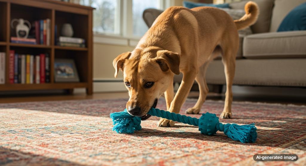Dog happily playing with a colorful rope toy