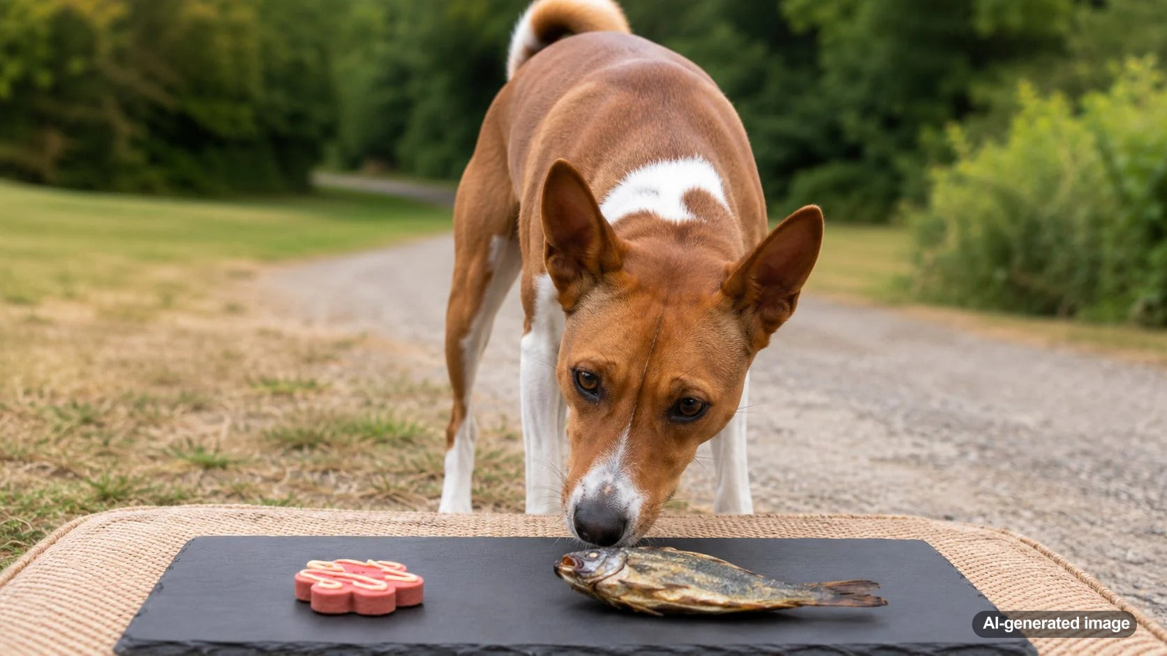 A curious dog enjoying aromatic treats and enrichment snacks from Woof