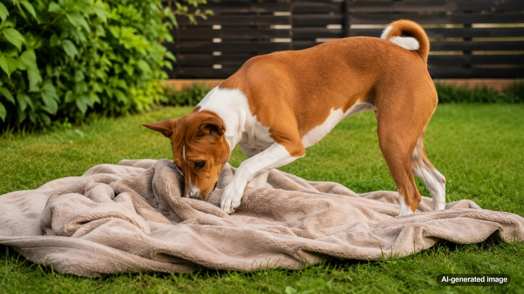 Dog rearranging a soft blanket before settling down to rest
