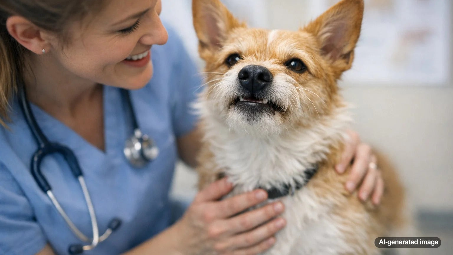 Small tan and white dog being examined while making a snorting expression during an excited moment