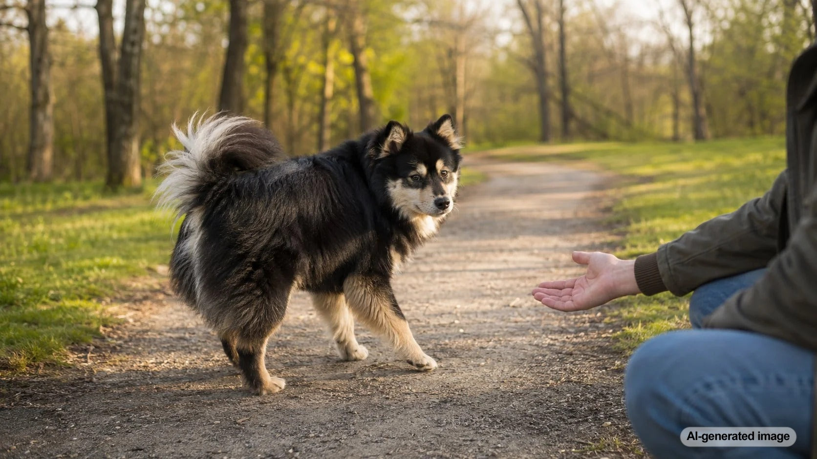 Dog briefly stepping away from its owner before returning for gentle affection