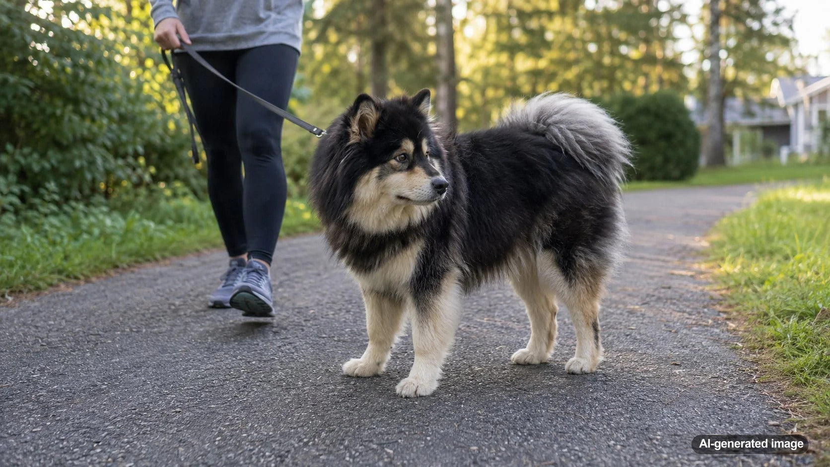 Dog standing directly in a household walkway in front of its owner