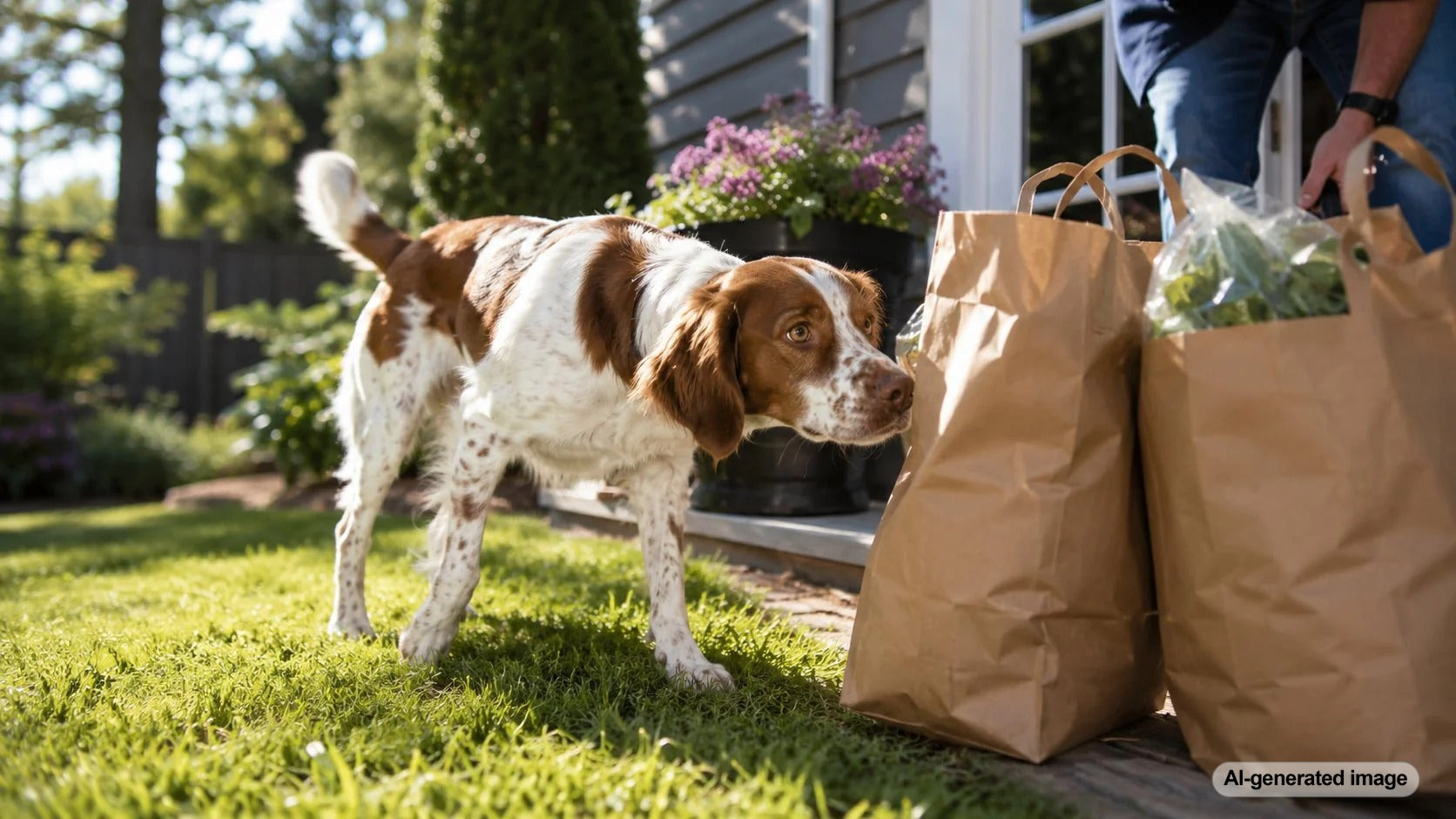 Curious dog investigating grocery bags in a cozy home kitchen while staying safely away from the food