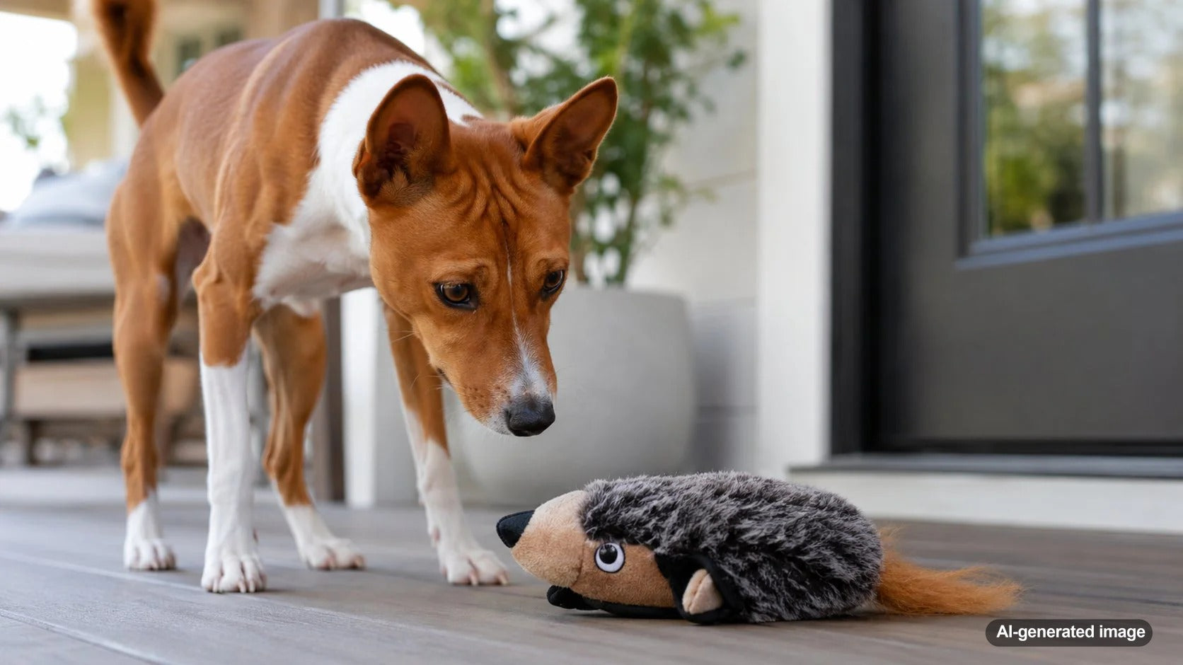 Dog cautiously inspecting a new toy while deciding if it is safe and fun to play with