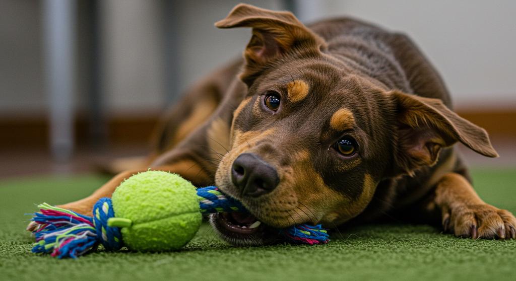 Dog happily playing with its favorite toy