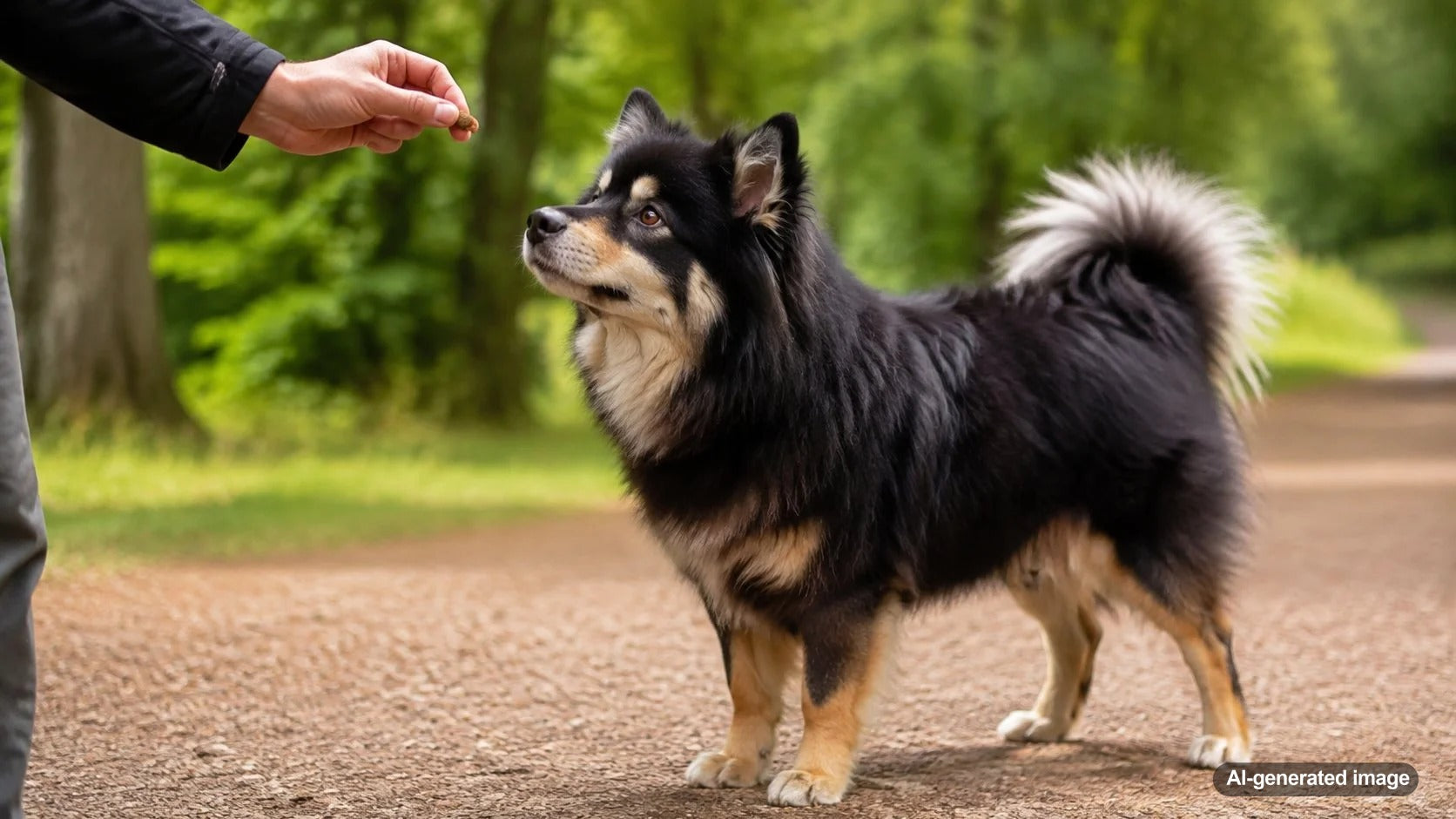 Focused dog looking attentively toward its owner after receiving a small snack