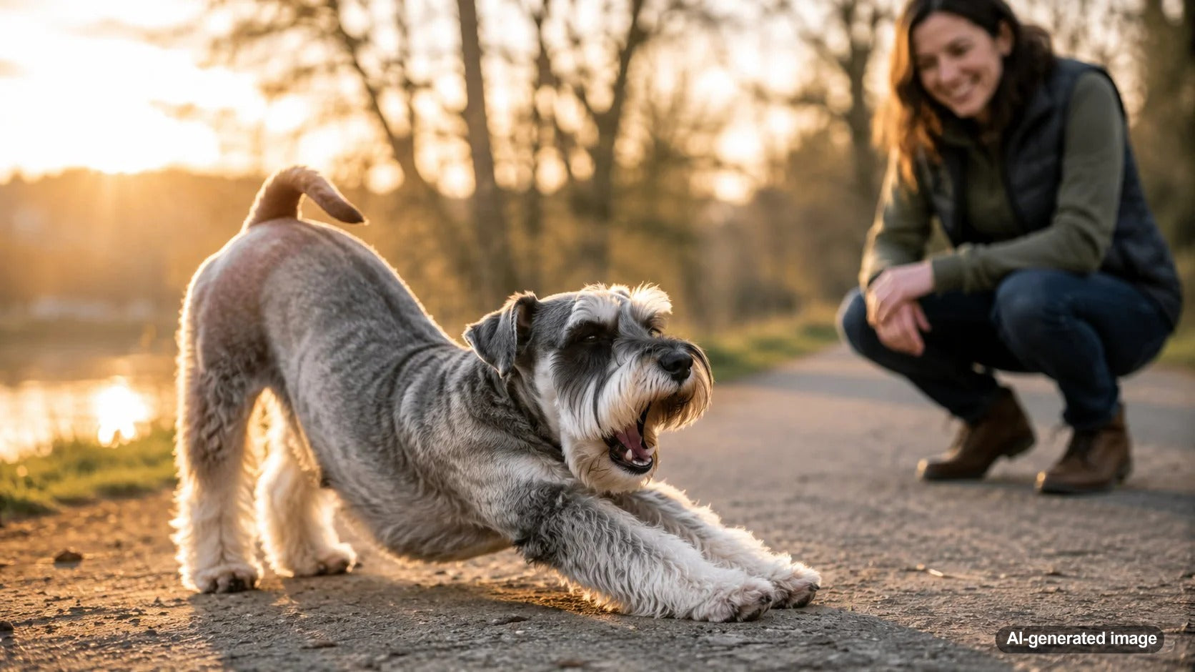 Dog stretching comfortably at home after a nap while looking relaxed and expressive