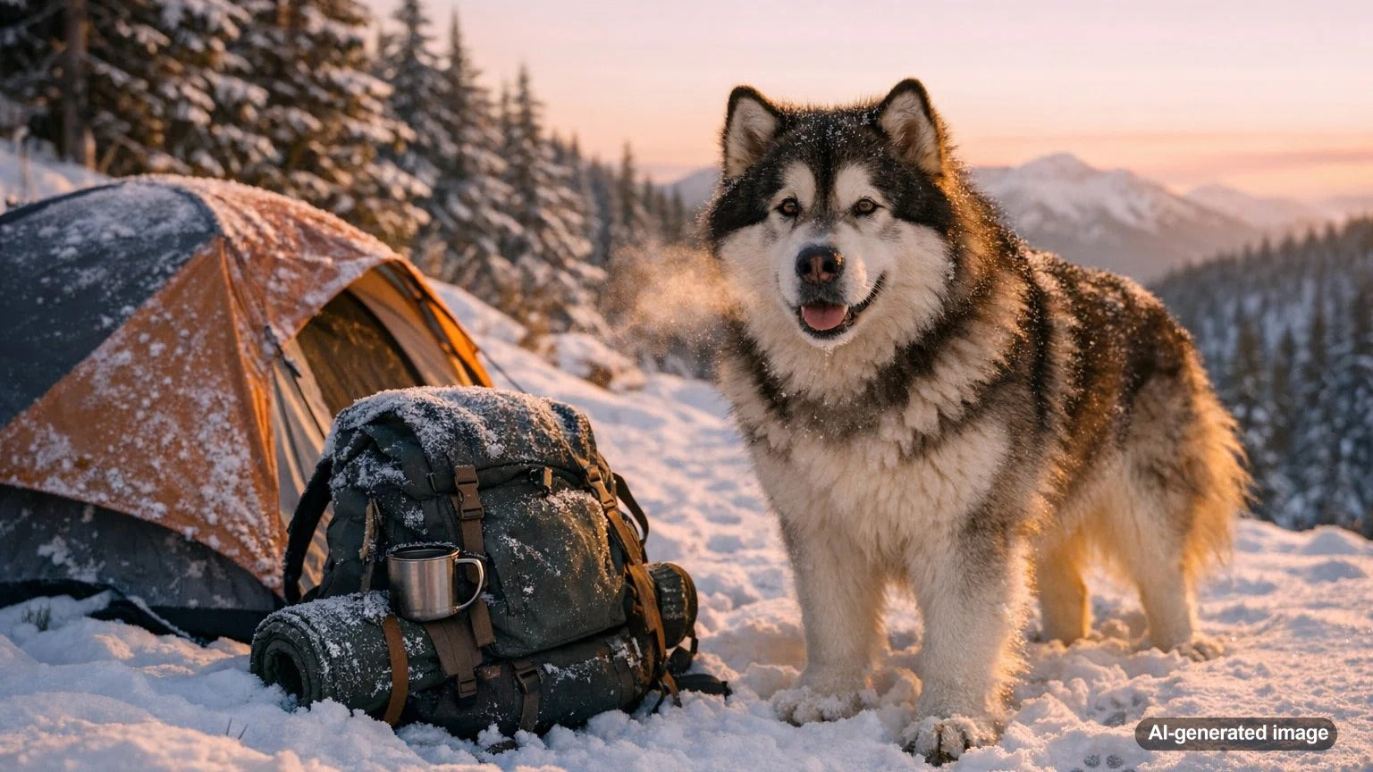 Alaskan Malamute standing confidently in snowy winter wilderness during backpacking adventure