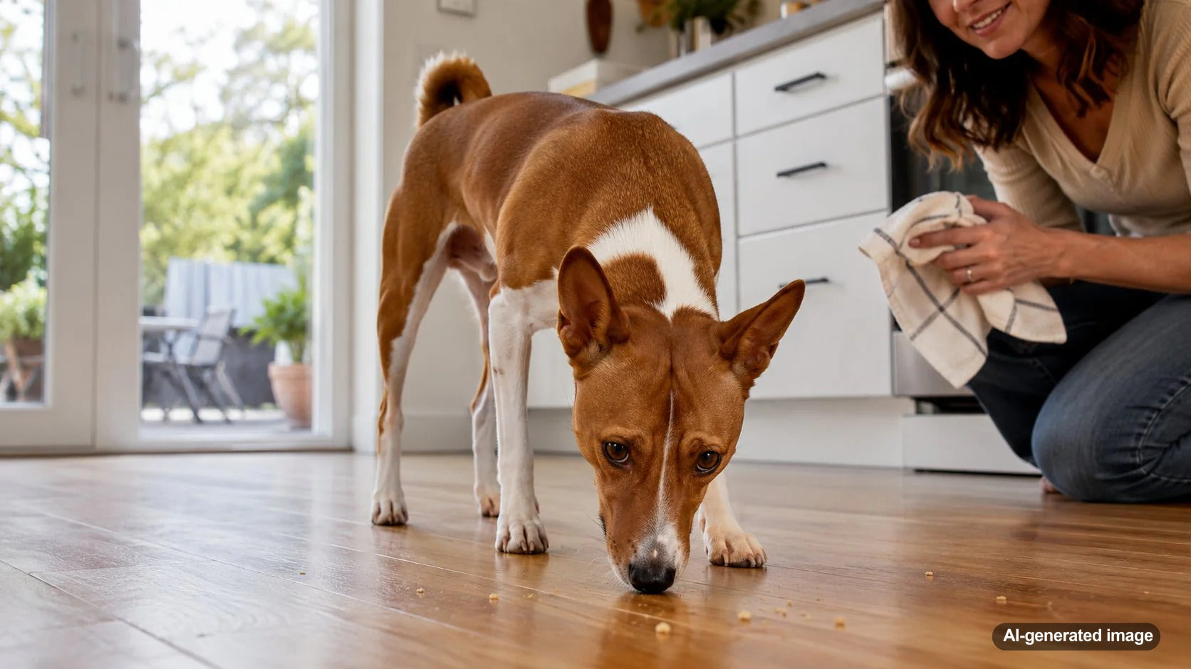 Dog attentively sniffing and exploring a kitchen floor for food crumbs and scents