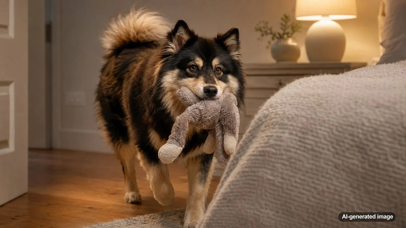 Dog bringing a favorite toy to its owner as part of a bedtime routine