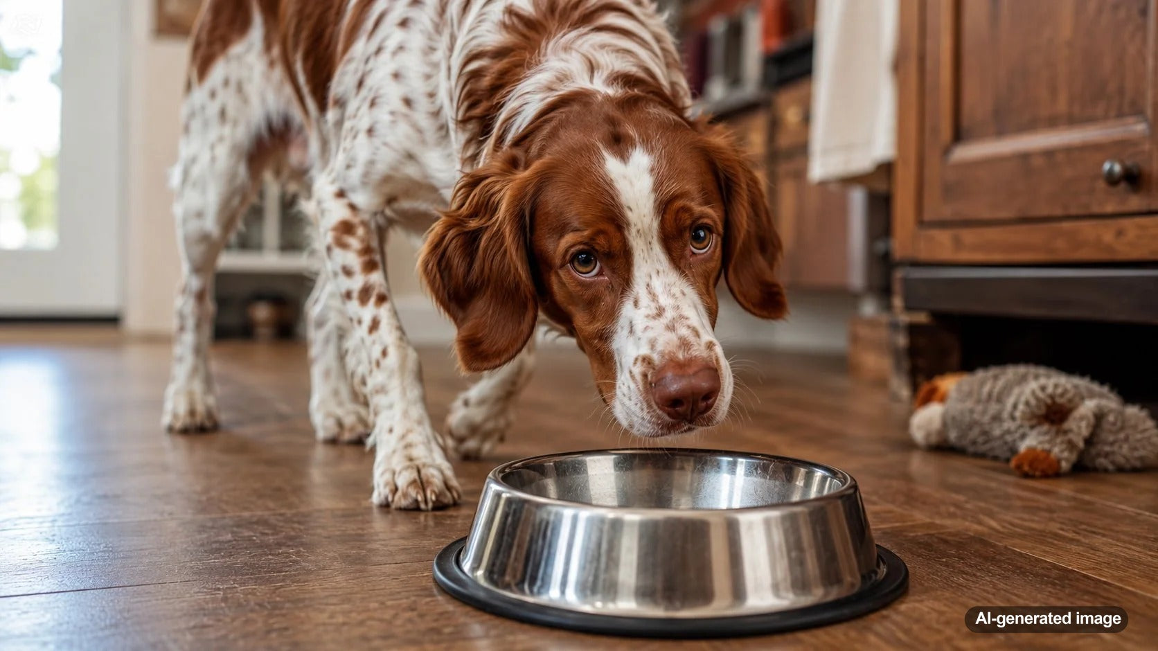 Curious dog returning to sniff and inspect an empty food bowl after mealtime