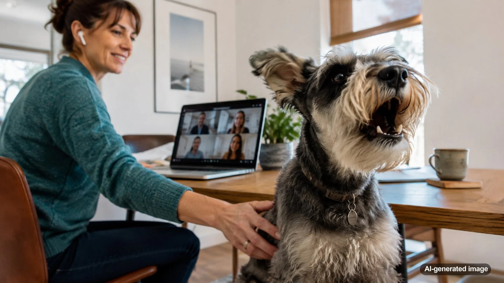 Dog barking during a conference call while their pet parent works from home