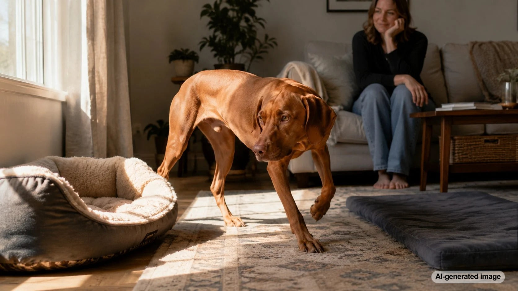 Dog resting comfortably after moving to a new sleeping spot in the home