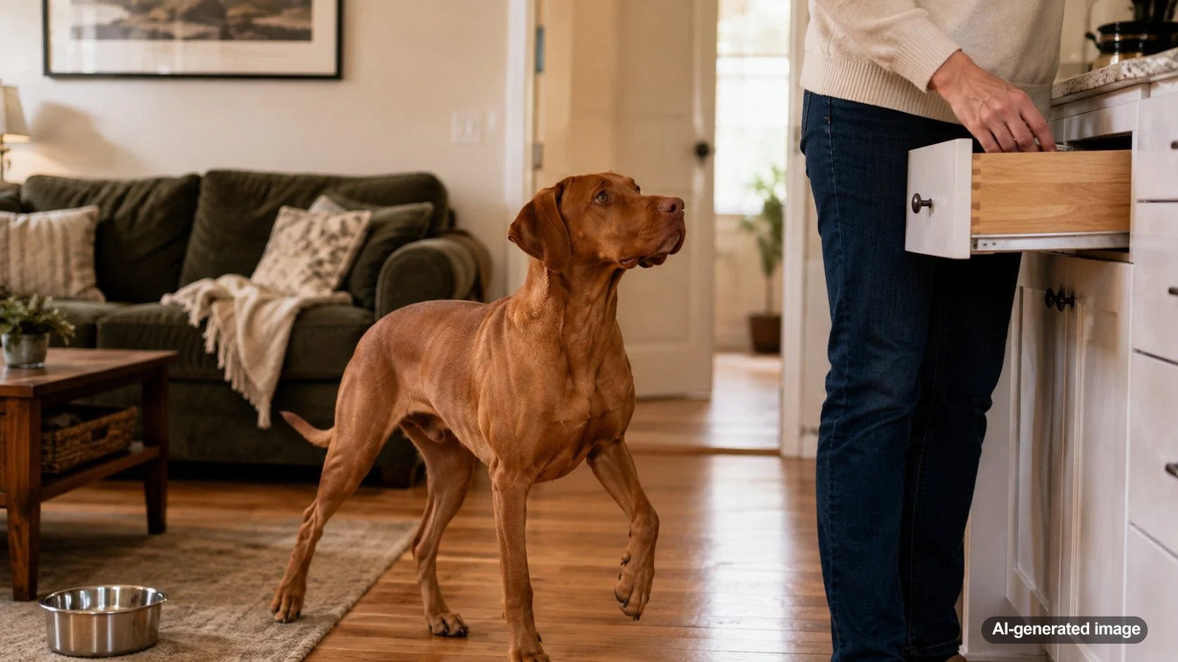 Dog eagerly running into the kitchen after hearing a drawer open