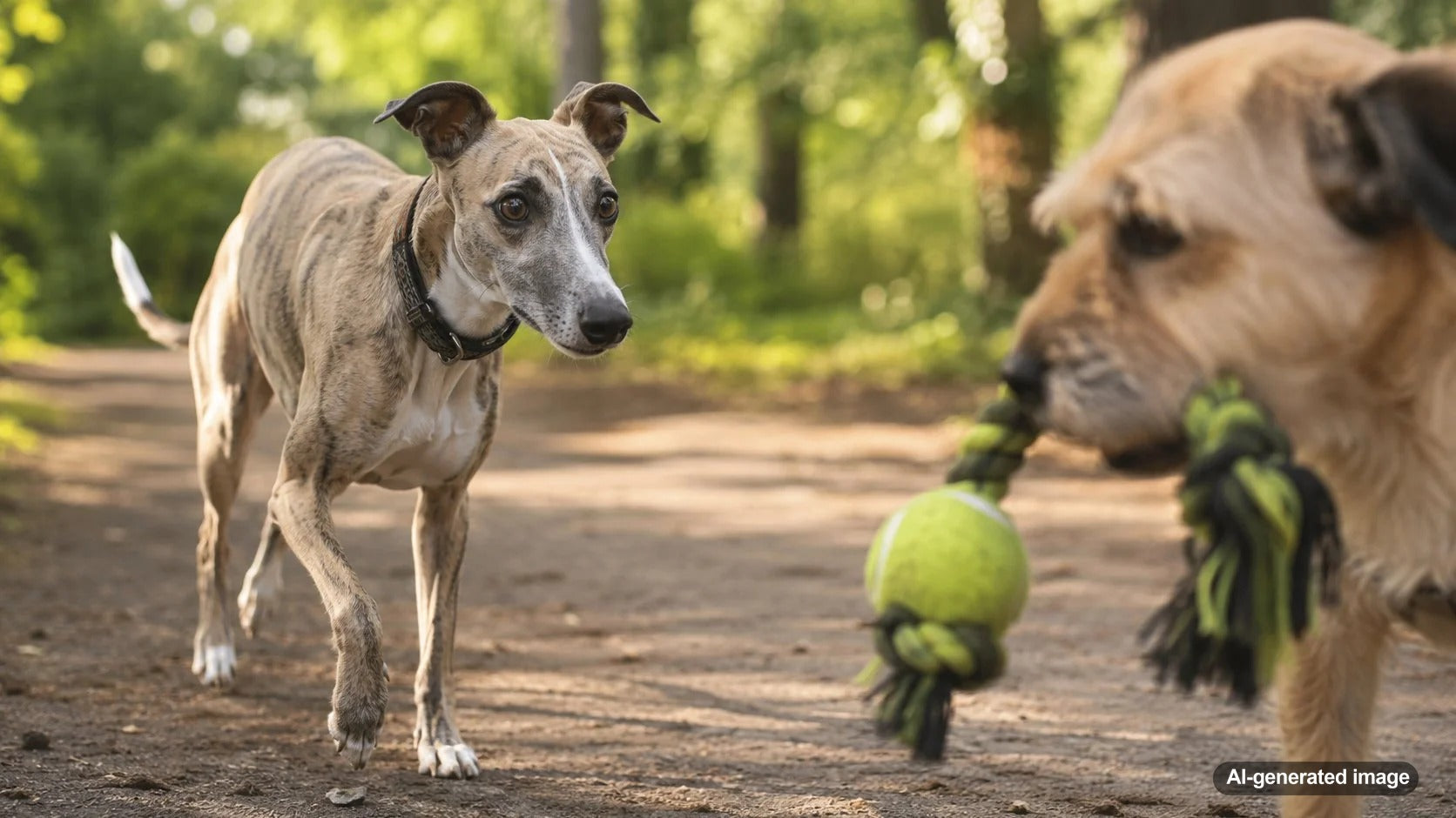 Two dogs interested in the same toy during playtime