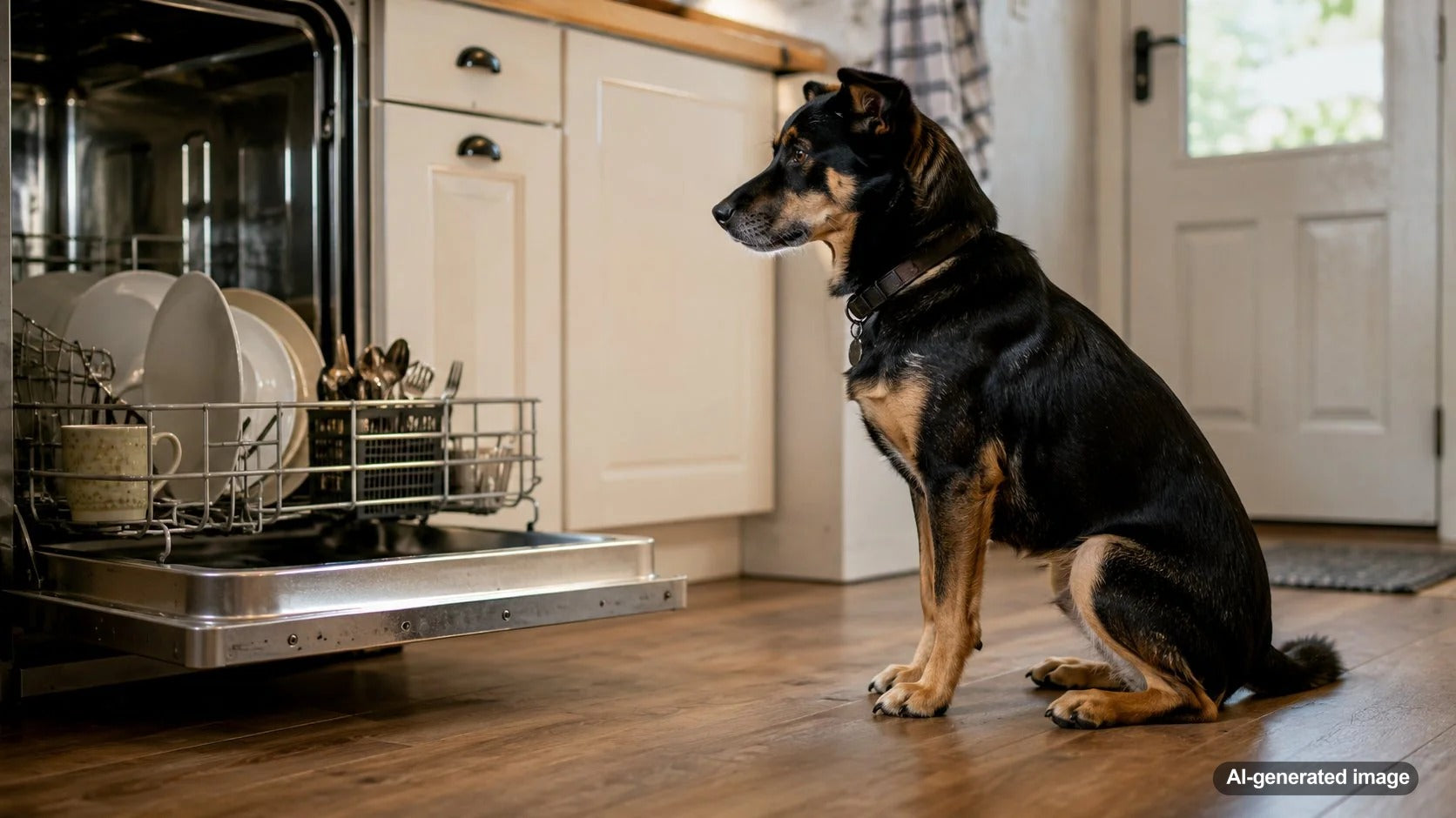 Curious dog supervising an open dishwasher during kitchen cleanup