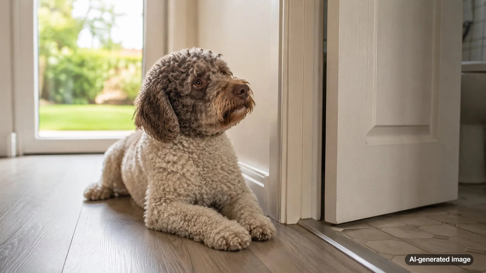 Dog patiently waiting outside a closed bathroom door for their owner
