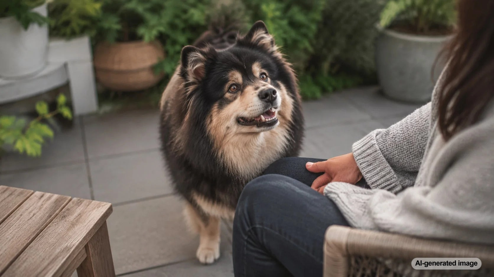 Dog gently pawing at an owner who has just sat down on the couch